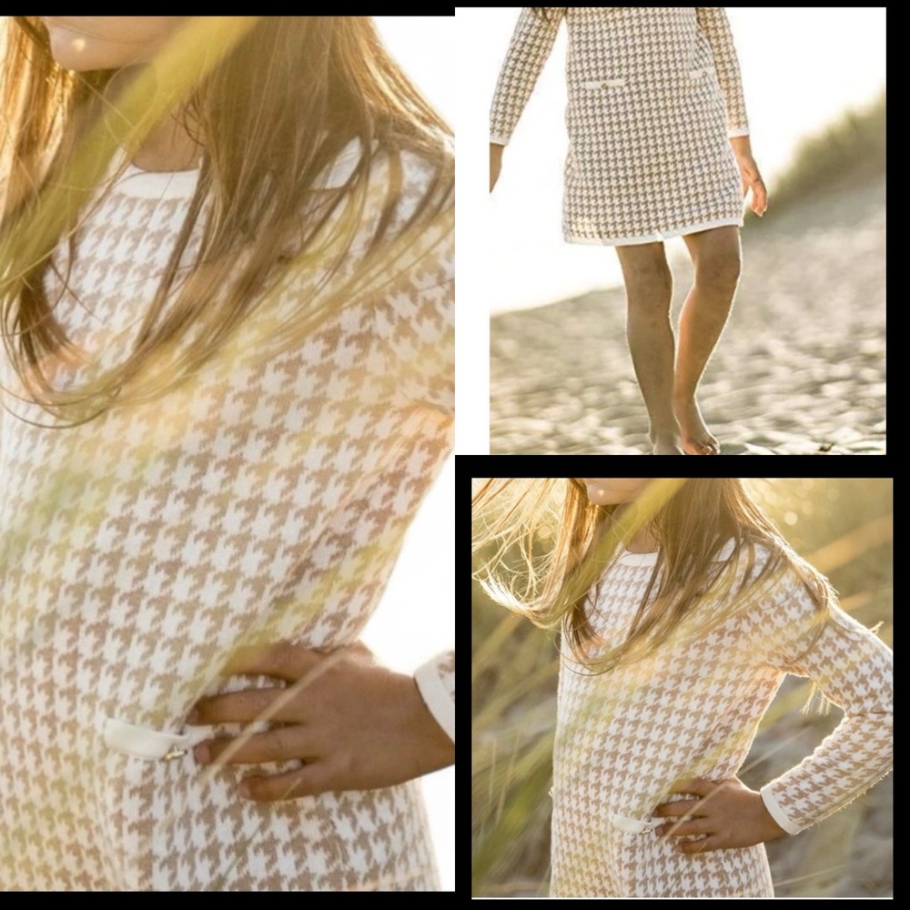 HOPE & HENRY Bow Detail Child’s Sweater Dress Sz 3 Tan Houndstooth 100% Cotton